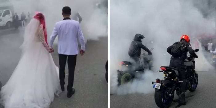 Düğün konvoyunun önünü kesip patinaj çektiler