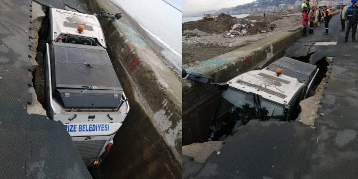Rize'de belediye aracı çukura düştü