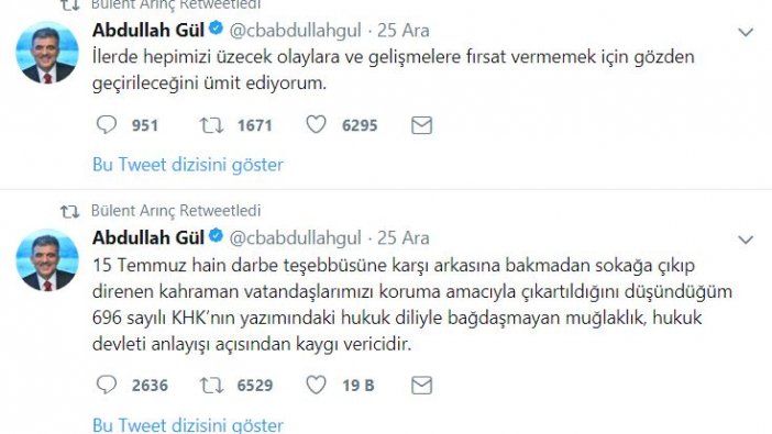 Bülent Arınç, AKP tarafındna eleştirilen Abdullah Gül'ün KHK tepkisine destek çıktı!