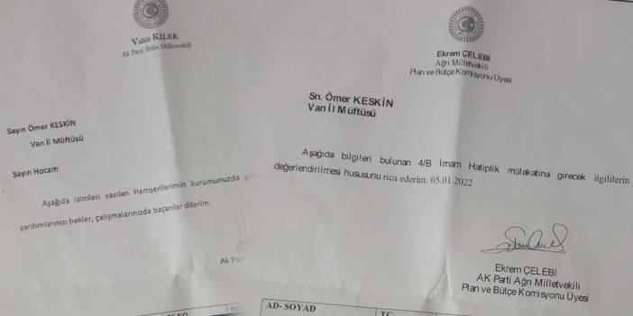 AKP'li vekillerden müftüye yazılı torpil ricası: Hemşerilerime mülakatlarda yardımlarınızı beklerim
