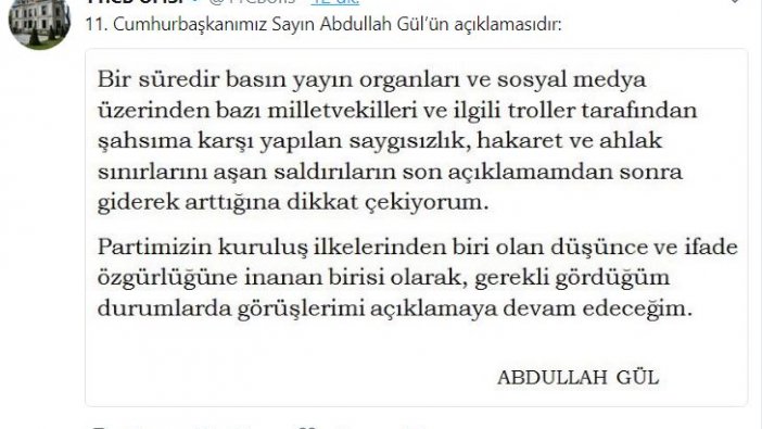 Abdullah Gül'den Tayyip Erdoğan'a yanıt!