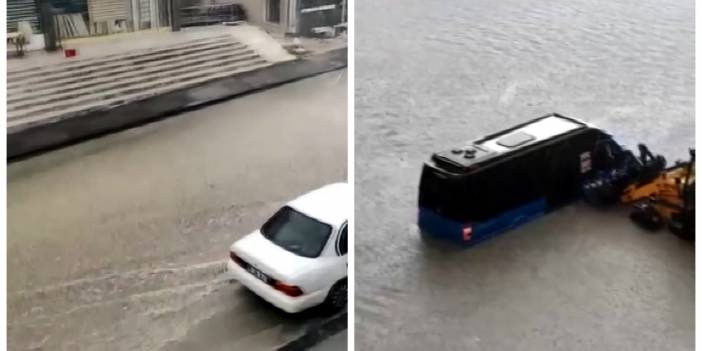 Ankara'da sağanak: Yolu su bastı, minibüstekiler iş makinesiyle kurtarıldı