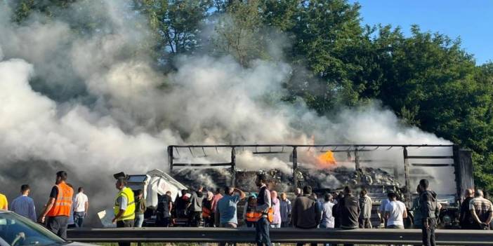 Önündeki TIR'a çarpan TIR alev aldı: Şoför hayatını kaybetti