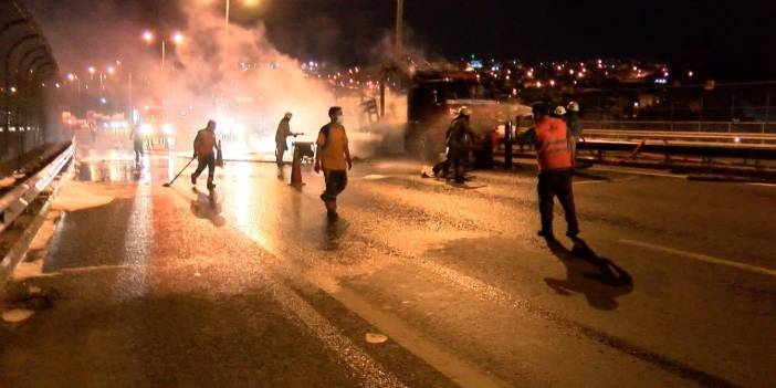 TEM Otoyolu’nda oksijen tüpü yüklü kamyon yandı