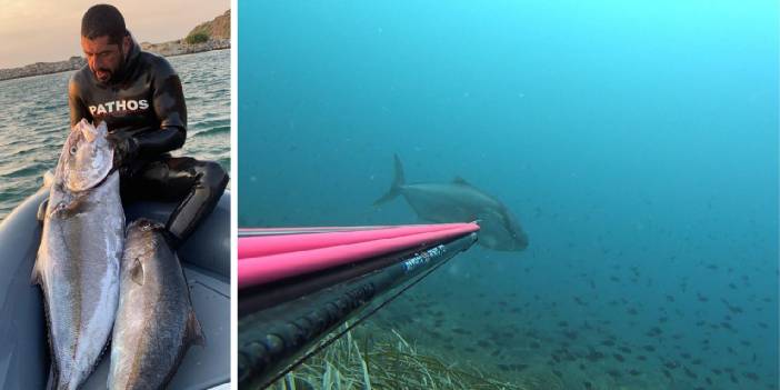 Zıpkınla 35 kiloluk akya balığı avladı
