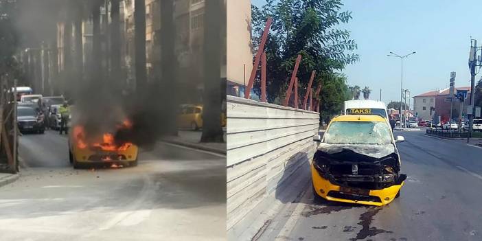 Seyir halindeki taksi alev aldı