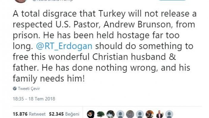 Trump'tan Rahip Brunson Tweet'i! Erdoğan'a seslendi