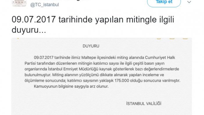 İstanbul Valisinin Adalet mitingi için verdiği Erdoğan'ın rakamları ile örtüşmüyor