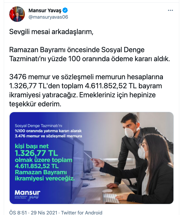 Mansur Yavaş, ABB'nin bayram ikramiyesini duyurdu